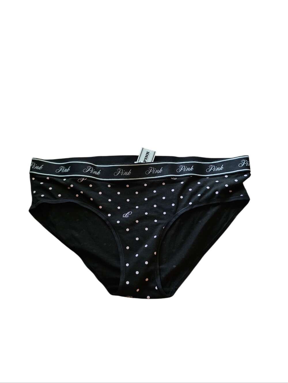 Victoria's Secret PINK Logo Black Heart Polka Dot Hiphugger Panty size large nwt